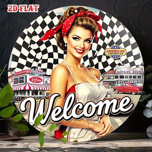 Retro Americana Diner Scene Round Aluminum 8*8 Metal Tin Signs Vintage Pin