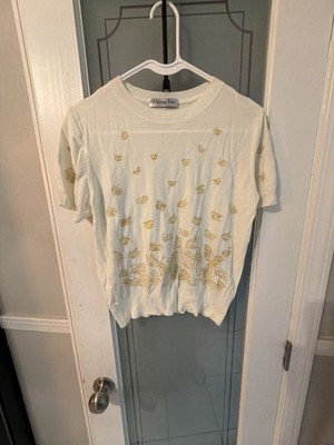 Christian Dior VintageShort Sleeve Knit Top with Gold Butterfly Embroidery