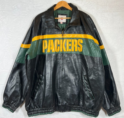 NFL Green Bay Packers Leather Style Jacket GIII Spell Out 2XL Black Green XXL