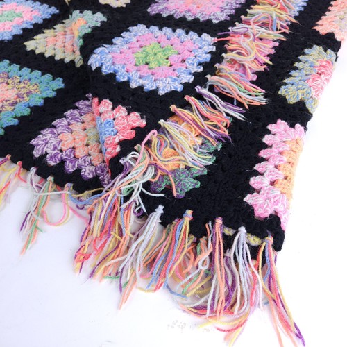 VTG Crochet Granny Square Blanket Afghan Black Base W Pastel Squares 62 x 66" - Picture 2 of 8
