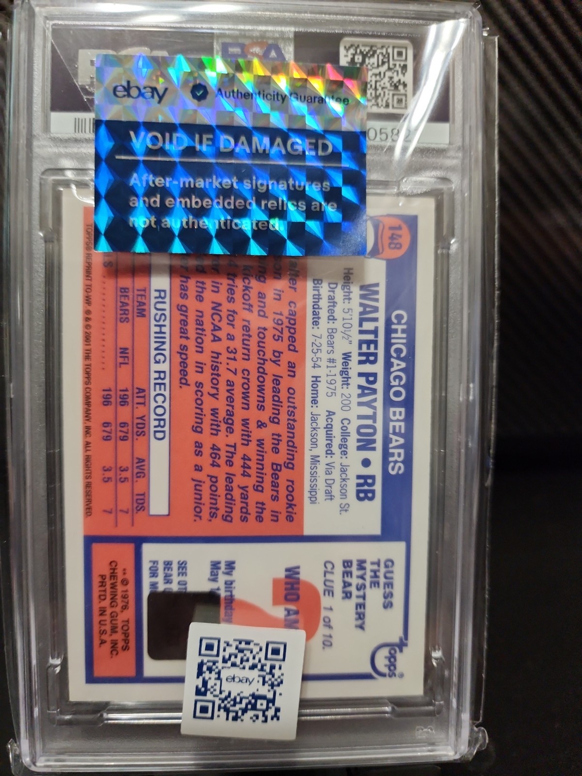 2001 Topps #TO-WP Walter Payton Game Worn Jersey Patch Rookie Reprint PSA 10 view 2