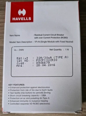 HAVELLS 32a 30mA RCBO PSCP132CR30 Type C