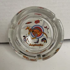 Ashtray Australian Kangaroo Pattern Round Heavy Cut Clear Glass 3” Decorative