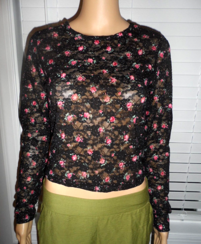 Cute Madden Girl size L black semi sheer floral long sleeve cropped shirt NWT