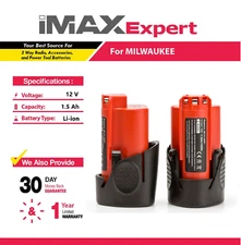 2x 12V 1.5Ah Li-ion Battery for Milwaukee M12, 48-11-2401, 48-11-2402