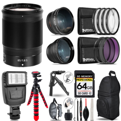 Nikon NIKKOR Z 85mm f/1.8 S Lens -3 Lens Kit + Slave Flash + Tripod - 64GB Kit