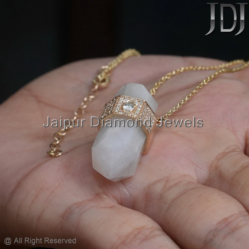 14K Yellow Gold Natural Diamond Moonstone Gemstone Pendant Chain Necklace - Image 3 of 4