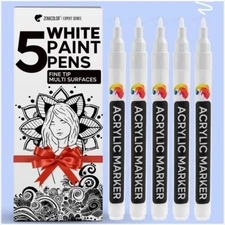 Zenacolor Set of 5 White Acrylic Paint Pen Markers, Fine Tip for Precision (NEW)