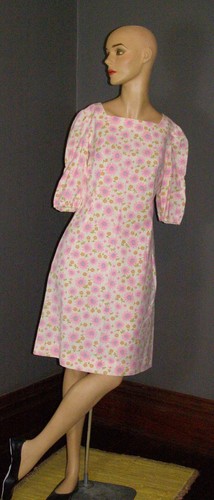 Vintage 60's pink & blue DAISIES print sheath dress PUFF SLEEVES S M mod hippy - Picture 2 of 14