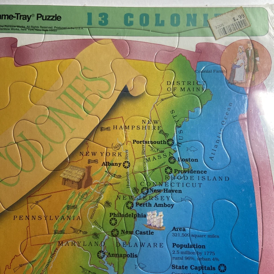 复古 1992 年框架托盘拼图 13 个殖民地地图全新未拆封 — 第 2/4 张图片