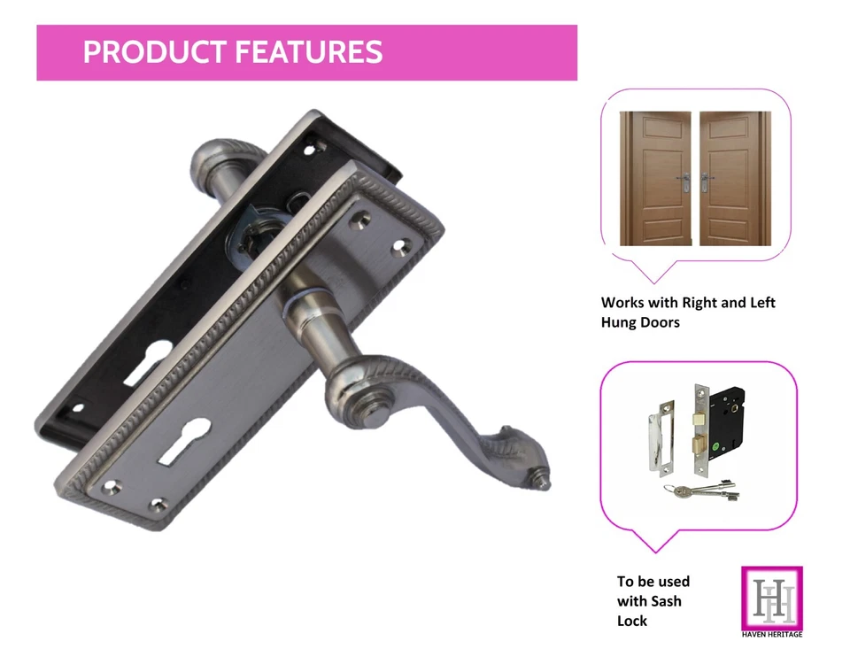 DOOR HANDLES SATIN CLASSIC GEORGIAN ROPE EDGE SCROLL LEVER MORTICE LATCH LOCK - Image 4 of 4