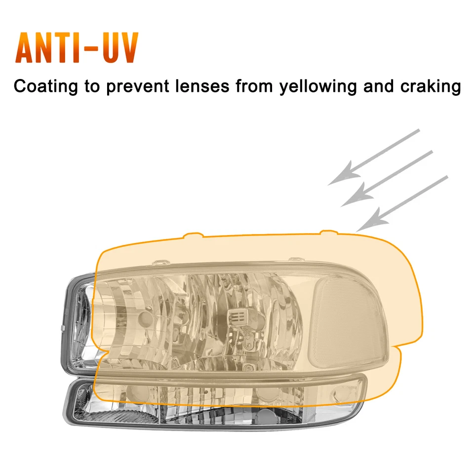 Faros cromados de fábrica + lámpara de parachoques para GMC Sierra/00-06 Yukon 1999-2006 4 piezas Foto 4 de 4