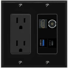 HD TOSLINK USB-3 USBC Port Wall Plate Black w Power Outlet