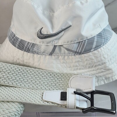 Nike Golf Bucket Hat Woven G-Flex Stretch Belt White Gray Silver Swoosh  Logo