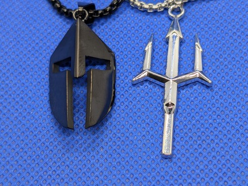 Black Stainless Roman Spartan Gladiator Helmet 22" Necklace + Free Trident - Picture 3 of 8