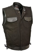 MENS DENIM MOTORCYCLE BLACK VEST w/ GUN POCKETS LEATHER TRIM SIDE LACES - USADI