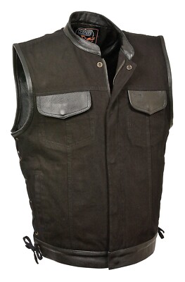 MENS DENIM MOTORCYCLE BLACK VEST w/ GUN POCKETS~LEATHER TRIM~SIDE LACES - USADI