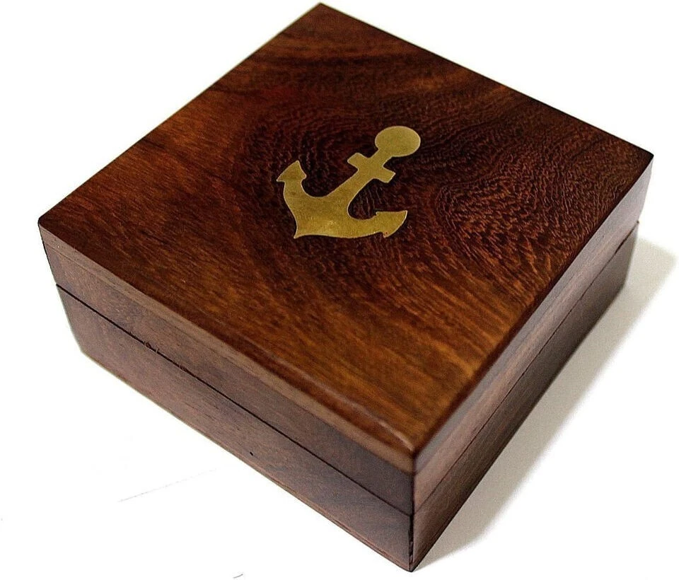 Sundial Compass Solid Brass Inlaid Rustic Teak Wood Box Vintage Gift - Image 3 of 4