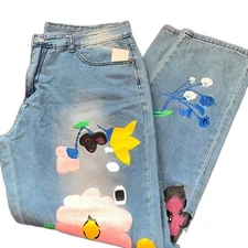 DENIM JEANS FLORAL PAINTED, NEW XL VERY BOHEMIAN, HIPPIE VIBES