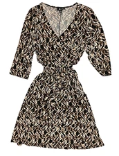 AB Studio Dress Womens Large Black Tan Leaf Print Belted Wrap V Neck Midi Size L