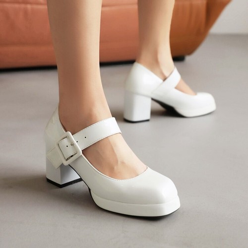 34-48 Women Square Toe Mary Janes Punk Chunky Block Heel Buckle Strap Shoes Pump | eBay