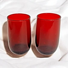 Set of 2 Vintage Ruby Red Glass Tumblers – 3.5" Mid-Century Modern Smooth Finish