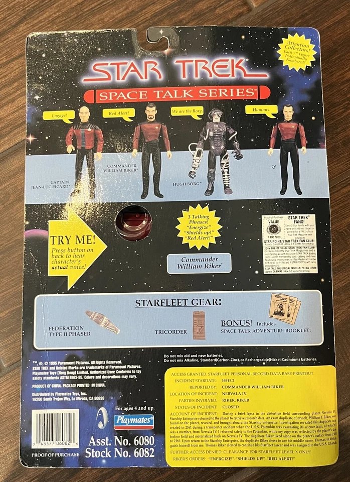 Playmates 1995 Star Trek Space Talk Series CMDR. WILLIAM RIKER, Nuevo, ¡Ver fotos! Foto 2 de 2
