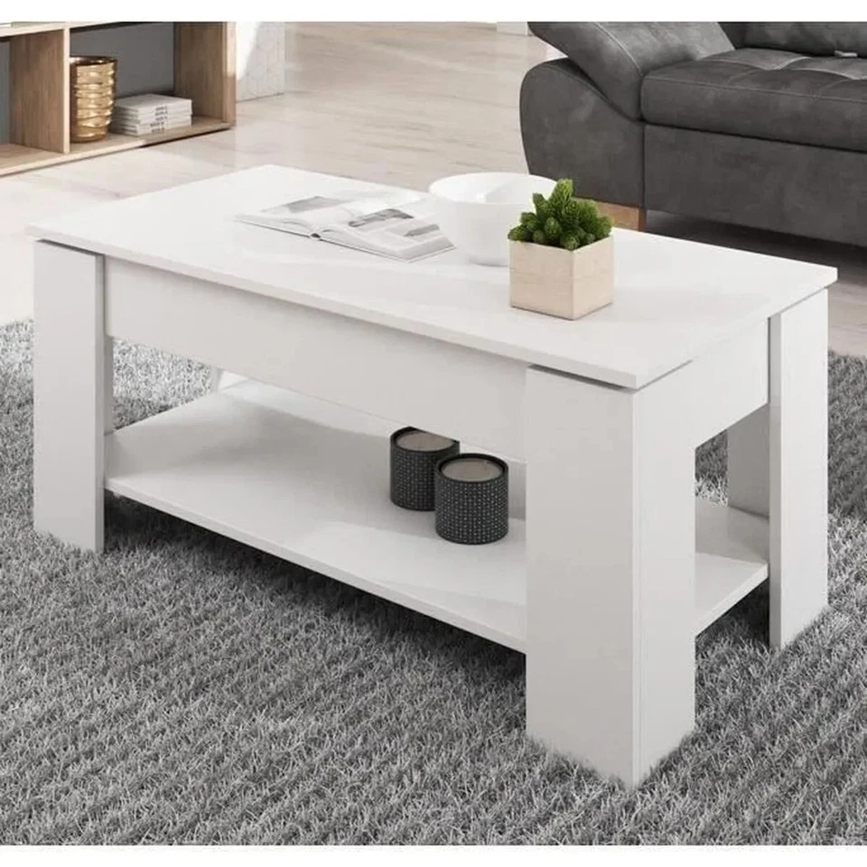 Table basse relevable | 100 x 50 x 43,5 (52,3) cm | Blanc Finition brillante | N - Photo 2/3