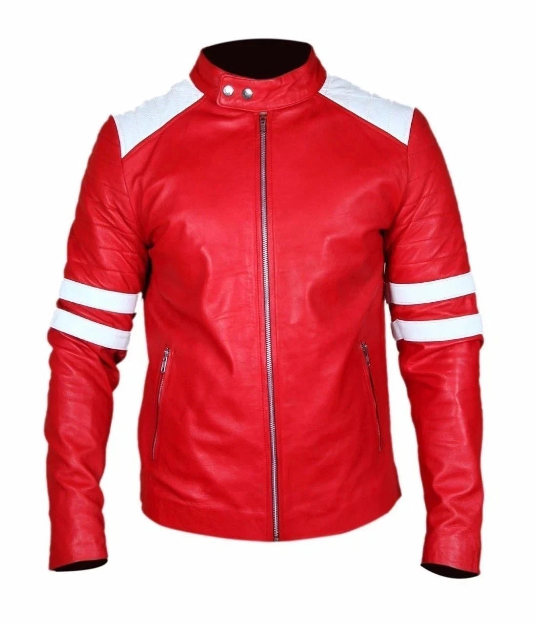 Men’s Fight Club Red Leather Jacket Retro Mayhem Style with White Stripes