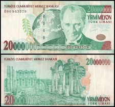 Turkey 20 Million Lira, L.1970 (2000), P-215, Used