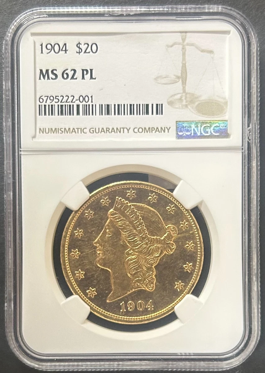 Uncirculated MS 62 Graded 1904 Year Double Eagle $20 US Gold Coins