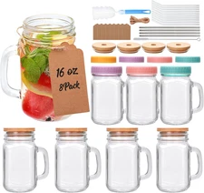 16 Oz Mason Jar Cups with Handle,Mason Jar Cups with Lids and Straws,Set Include