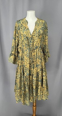 Karma Highway Dress One Size Yellow Green Floral Boho Tiered Midi Summer