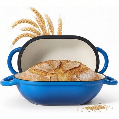 2 QT Oval Dutch Oven Bread Baking Cast Iron Sourdough Pan Lid Blue