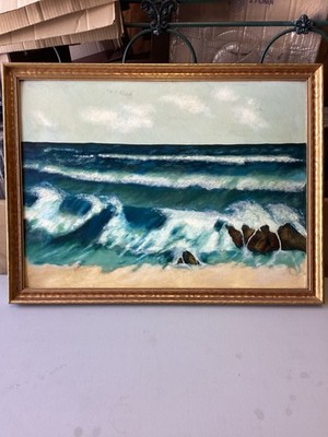 Vintage H.C Russell Original Oceanic Painting in Gold Frame 32.5  x 24.5 