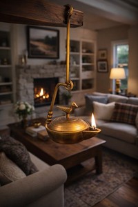 Antique Brass Hanging Oil Lamp w Bird Finial, Indian Temple Diya, c.1900