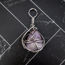 Purple Stone Large Pendant with Silver Tone Wrap - Statement Pendant