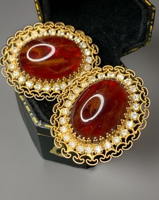 vintage alice caviness earrings 3D Wide oval Red Glass Gold Plated Signed