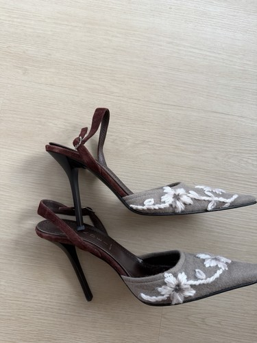 Casadei Brown Floral Embroidered Slingback Heels Size 8B Formal