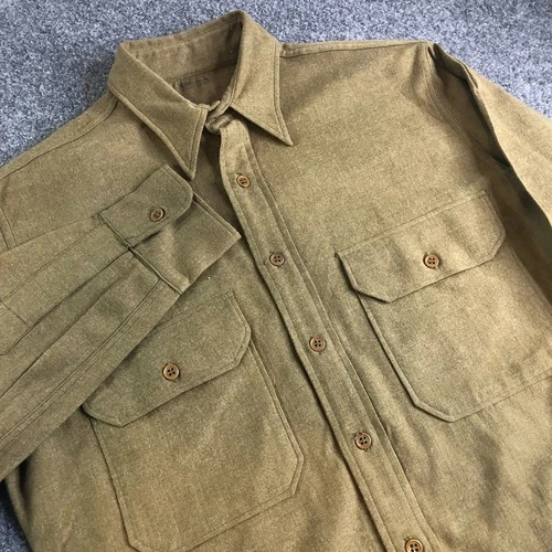 US WWII Era Military Shirt Mens 15 33 Brown Green Wool Vintage 40s 50s Button