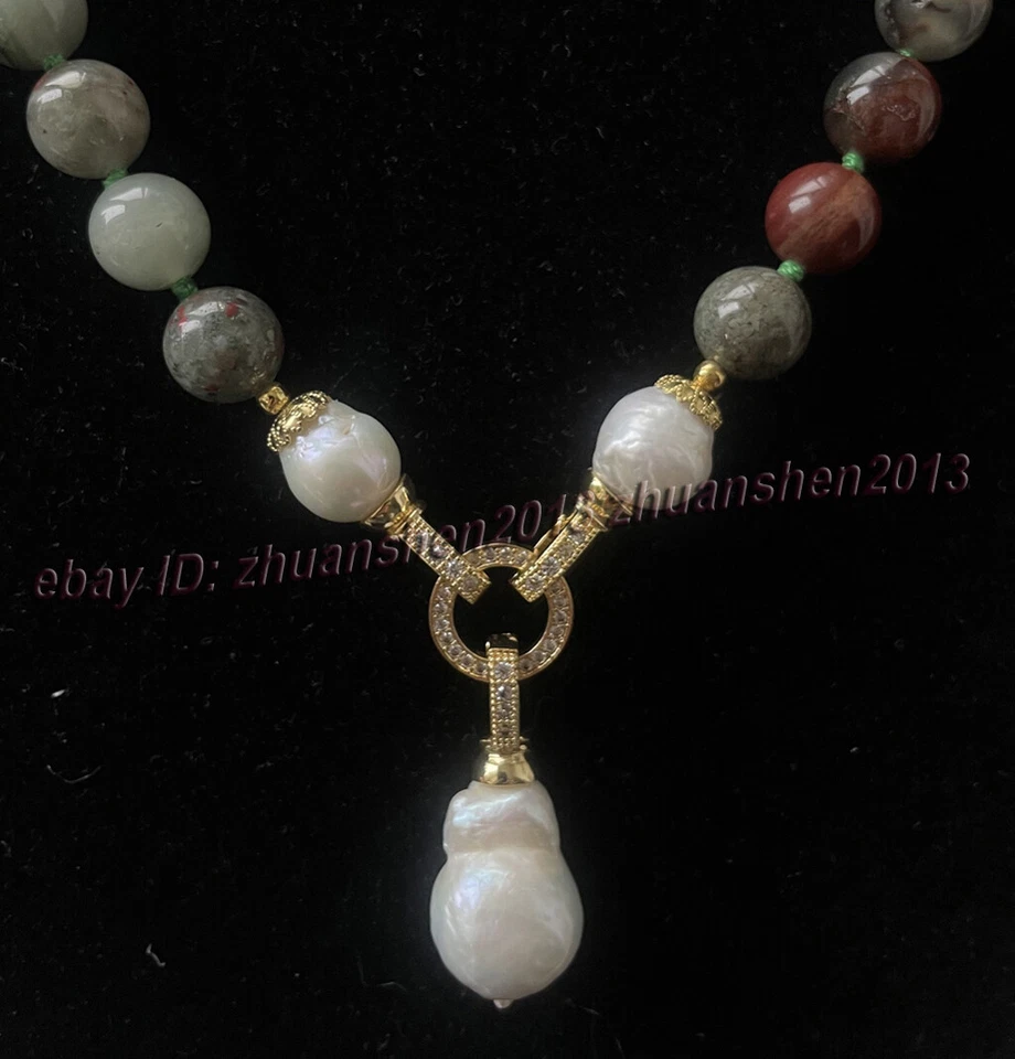 Collar colgante de perlas barrocas blancas y cuentas de piedras preciosas redondas de piedras de sangre de 8/10 mm 18" Foto 4 de 4