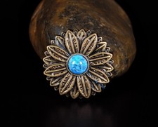 10PC 30 30MM Flower Concho with Blue Turquoise Center Antique Brass Screwback