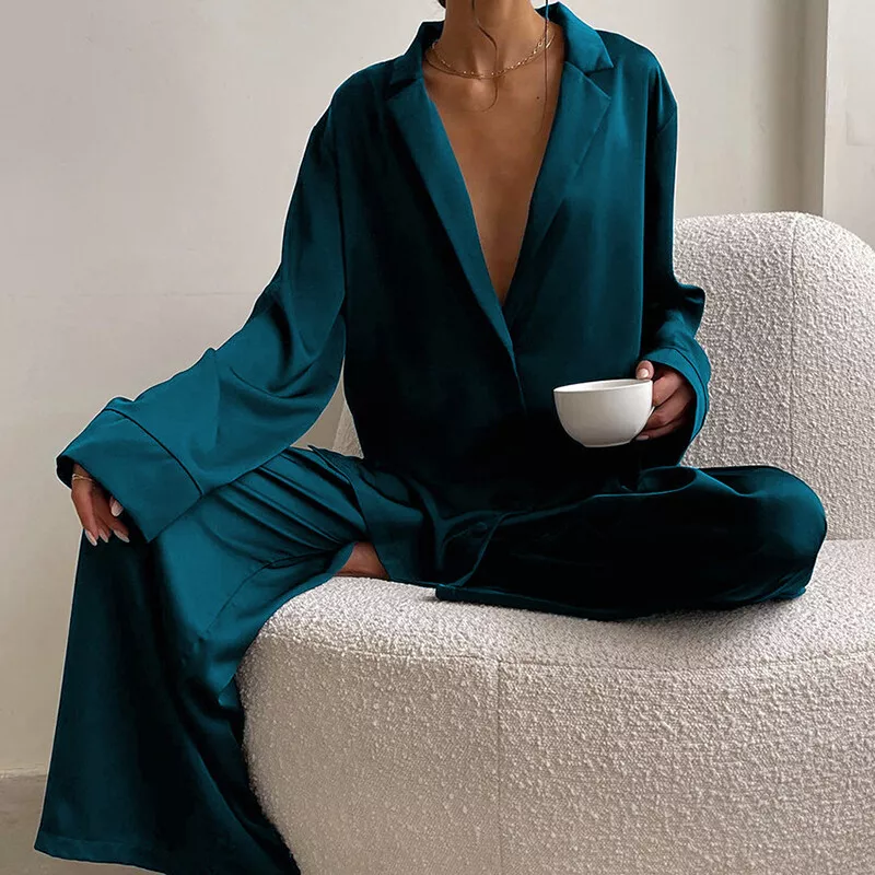 Luxury Women Oversized Silk Satin Sleepwear Sexy Pajamas Set Long Sleeves  Pyjama