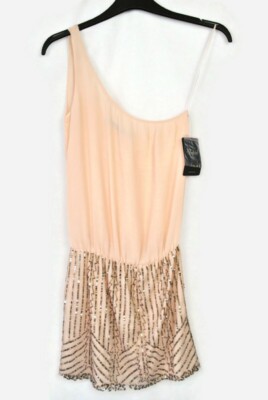 Neu Zara Trafaluc rosa Pailletten & Perlen verziert eine Schulter Bluse Kleid S