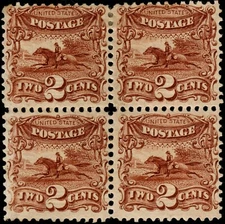 US #113 1869 2c Pictorials, Post Horse/Rider Block 4 MOG HR APEX (SCV $2,000)