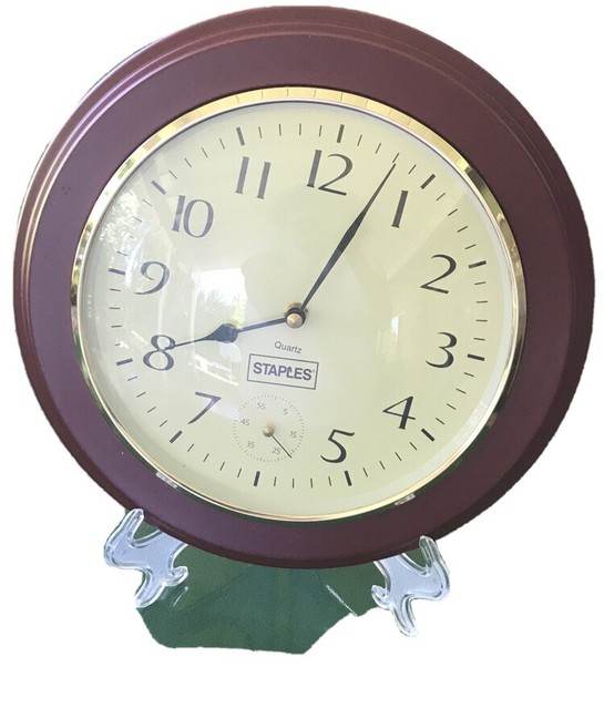 Staples Wall Clock Quartz Round Red Wood Frame Glass Lens 2nd Hand Dial
