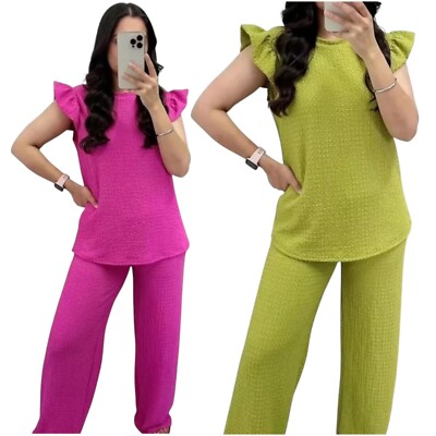 Ladies  Loungwear Women's Pop Corn Fabric Frill Sleeve Top Trousers 2PCS Co Ord