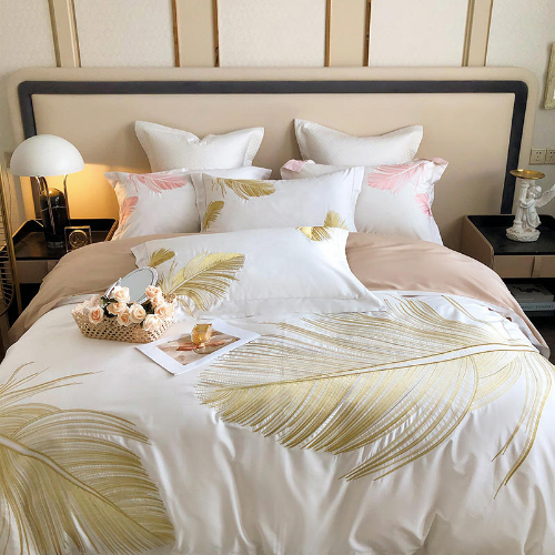 800TC Egyptian Cotton Gold Leaf Embroidery White Bedding Set Quilt