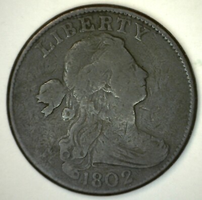 1802 Draped Bust Copper Large Cent Early Penny w/o Stems Type Coin FINE