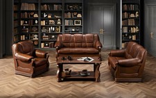 Sofagarnitur Parma Echt Leder Sofa 3 2 1 Sitzer Holz Rustical Schlaffunktion 